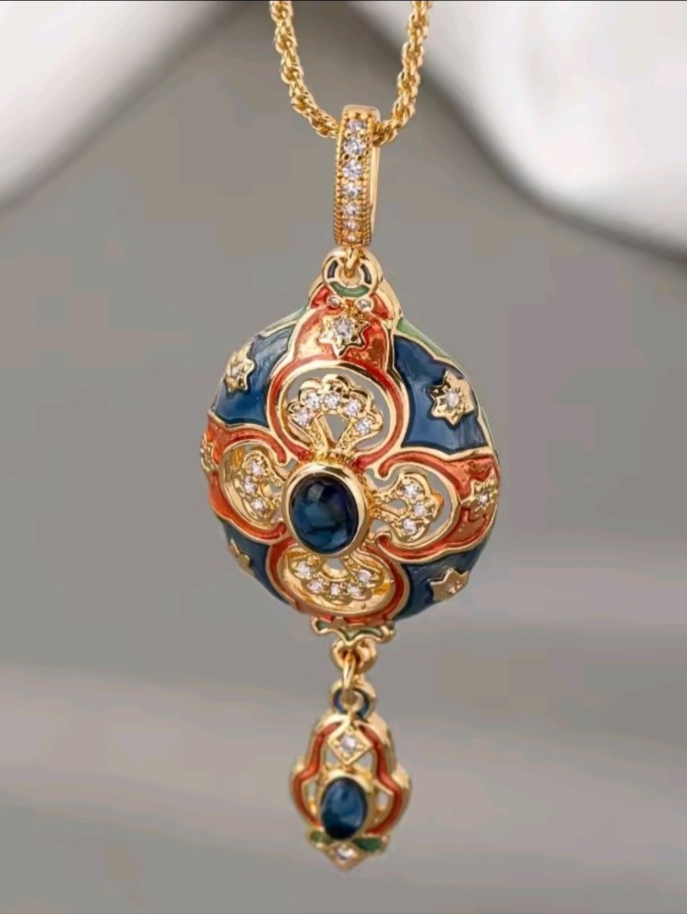 Vintage Gold-Tone Blue and Orange Enamel Pendant Necklace - Picture 3 of 7